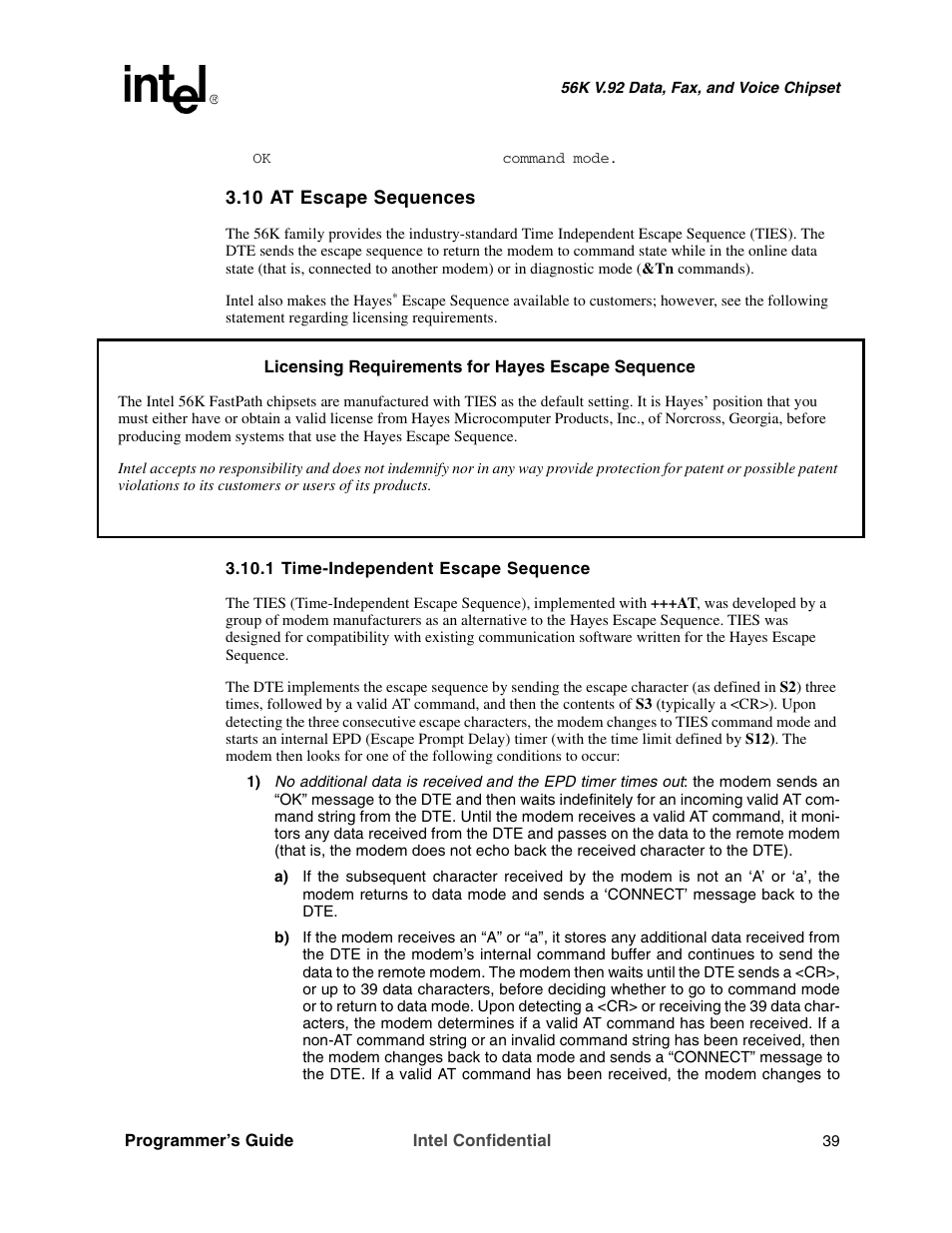 10 at escape sequences, 1 time-independent escape sequence, Section 3.10 | Intel MD566X User Manual | Page 39 / 130