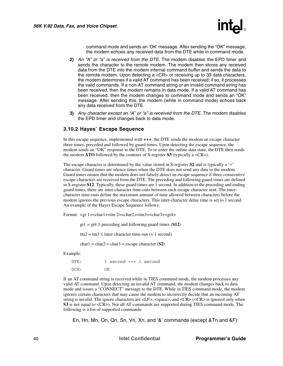 2 hayes* escape sequence | Intel MD566X User Manual | Page 40 / 130