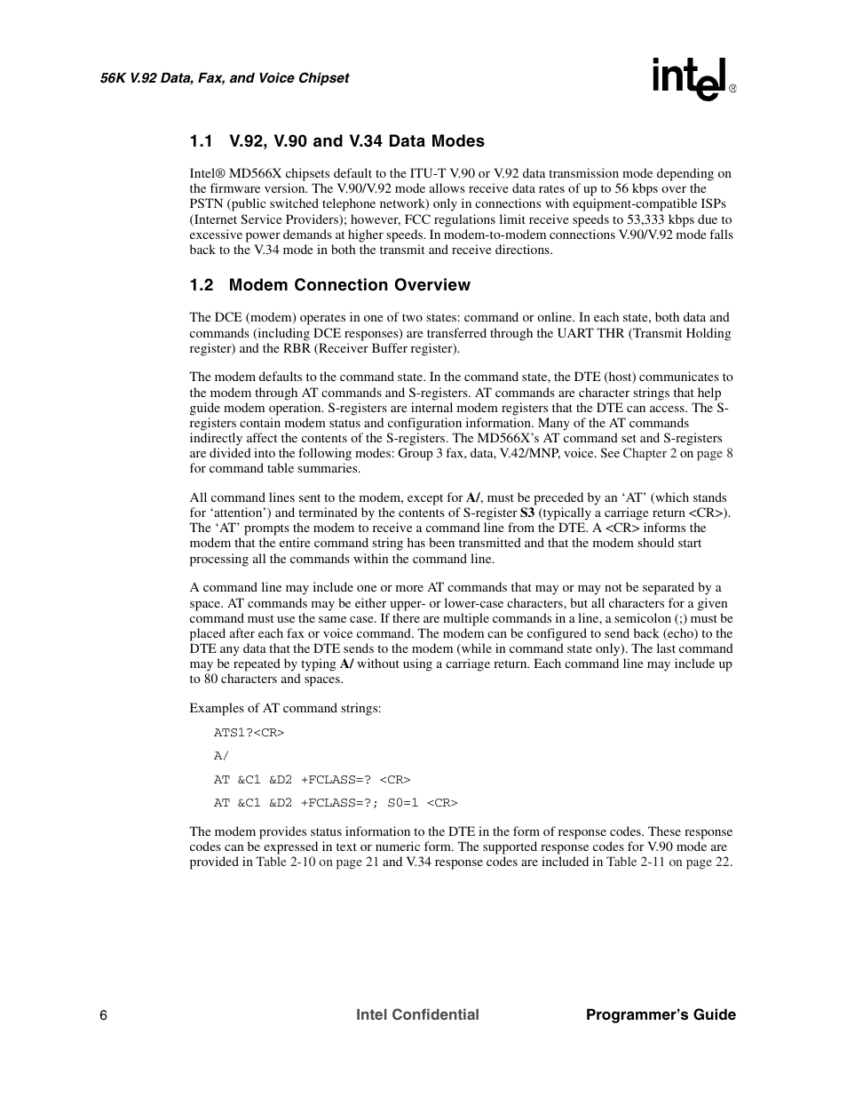 1 v.92, v.90 and v.34 data modes, 2 modem connection overview | Intel MD566X User Manual | Page 6 / 130