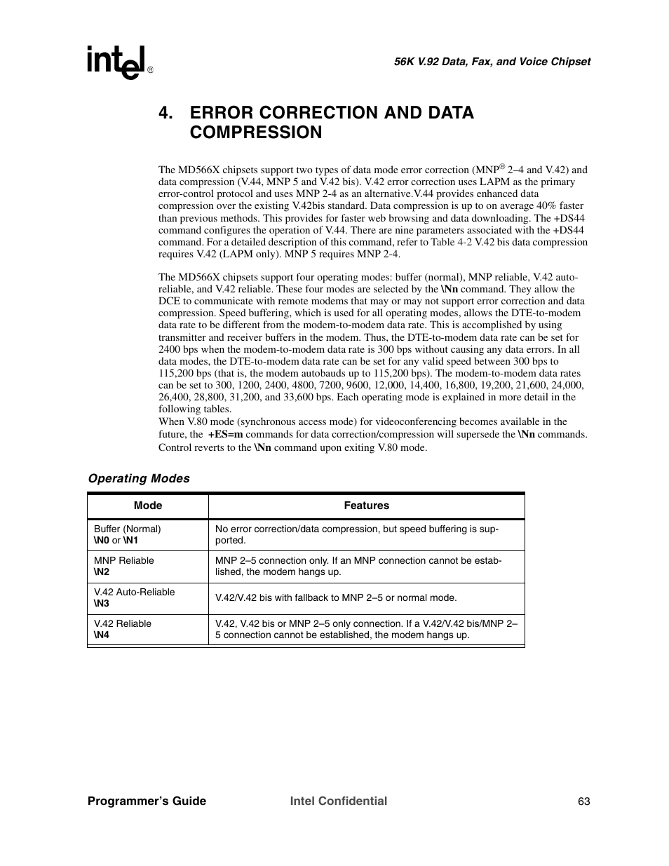 Error correction and data compression, Chapter 4 | Intel MD566X User Manual | Page 63 / 130