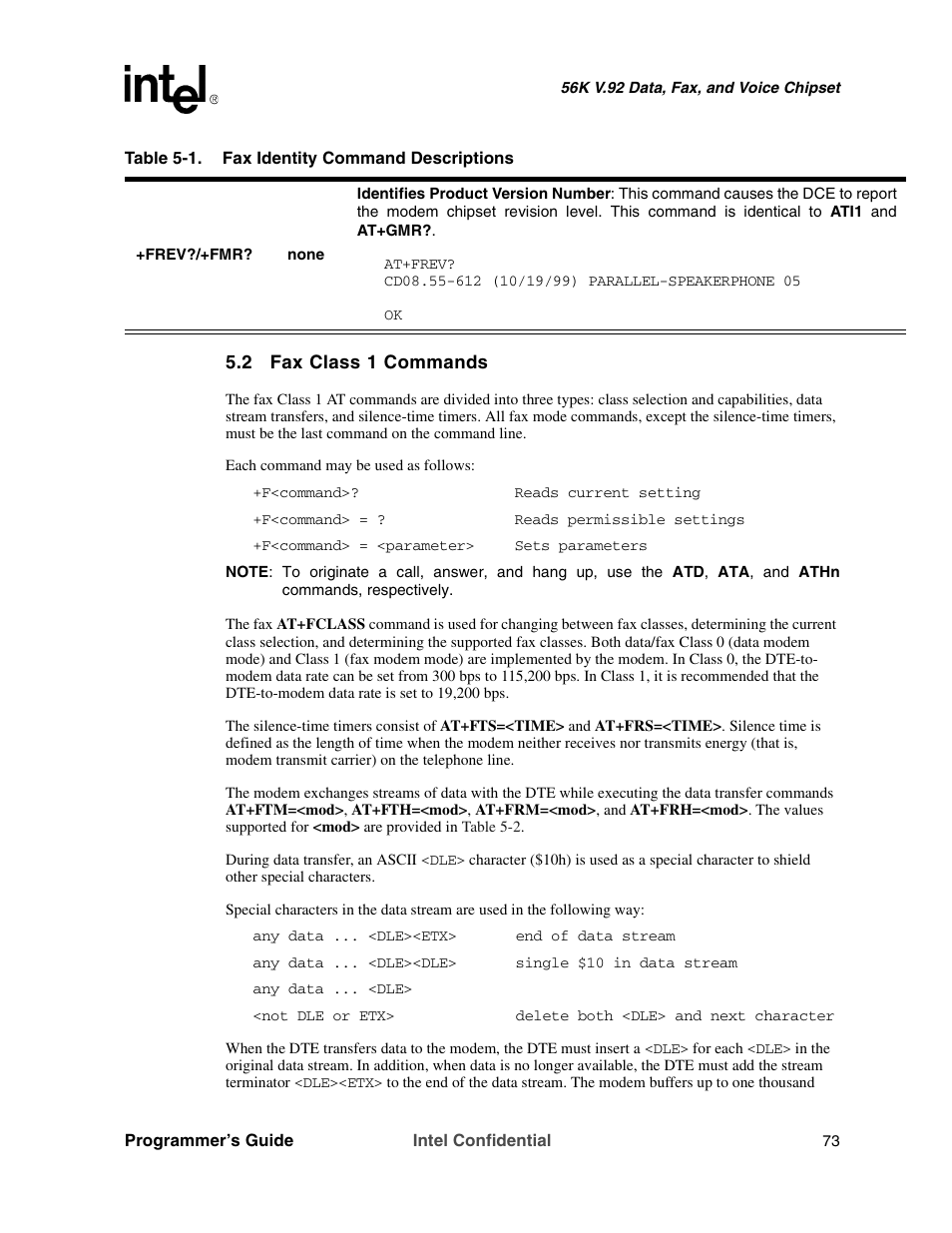 2 fax class 1 commands | Intel MD566X User Manual | Page 73 / 130