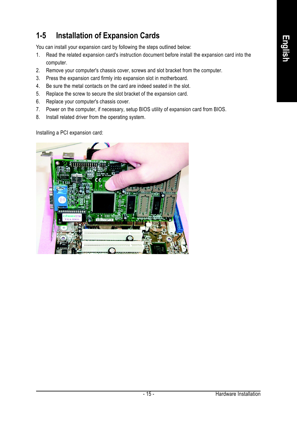 English, 5 installation of expansion cards | Intel GA-8I865GVMK-775 User Manual | Page 15 / 72