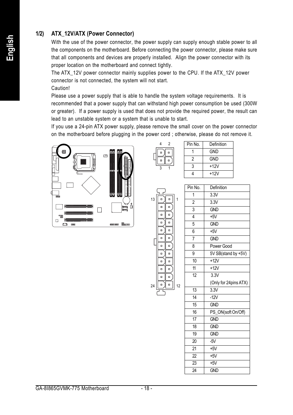 English, 1/2) atx_12v/atx (power connector) | Intel GA-8I865GVMK-775 User Manual | Page 18 / 72