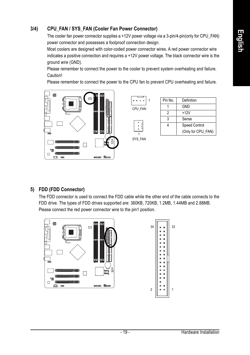 English, 5) fdd (fdd connector) | Intel GA-8I865GVMK-775 User Manual | Page 19 / 72