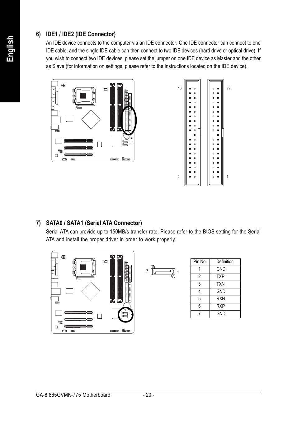 English, 6) ide1 / ide2 (ide connector), 7) sata0 / sata1 (serial ata connector) | Intel GA-8I865GVMK-775 User Manual | Page 20 / 72