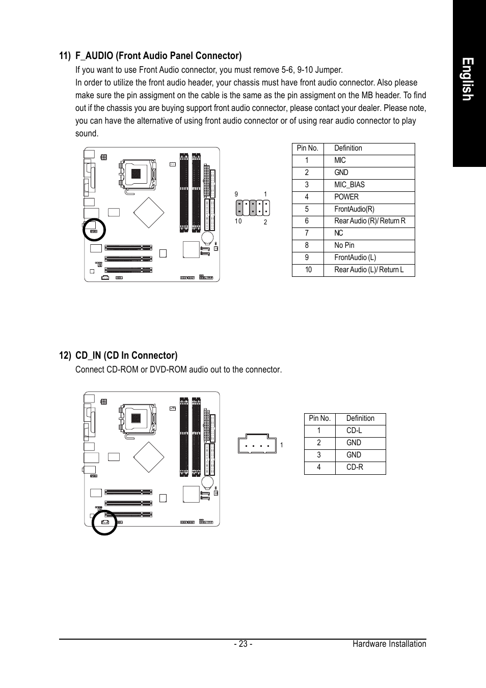 English, 11) f_audio (front audio panel connector), 12) cd_in (cd in connector) | Intel GA-8I865GVMK-775 User Manual | Page 23 / 72