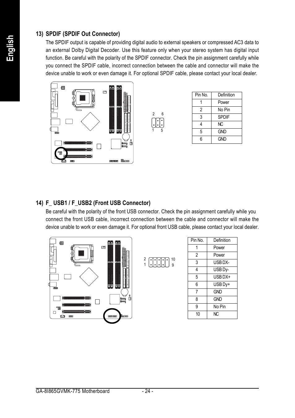 English, 14) f_ usb1 / f_usb2 (front usb connector), 13) spdif (spdif out connector) | Intel GA-8I865GVMK-775 User Manual | Page 24 / 72
