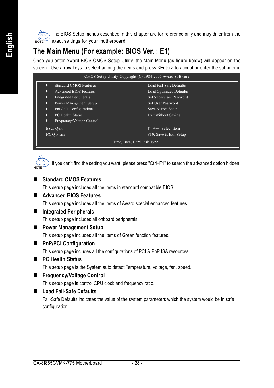 English, The main menu (for example: bios ver. : e1) | Intel GA-8I865GVMK-775 User Manual | Page 28 / 72