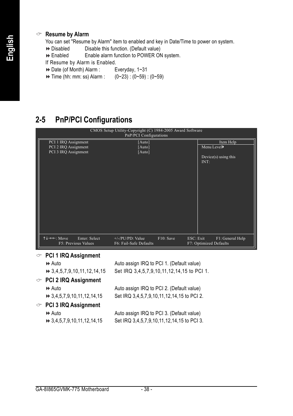English, 5 pnp/pci configurations | Intel GA-8I865GVMK-775 User Manual | Page 38 / 72