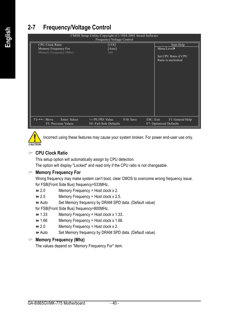 English, 7 frequency/voltage control | Intel GA-8I865GVMK-775 User Manual | Page 40 / 72