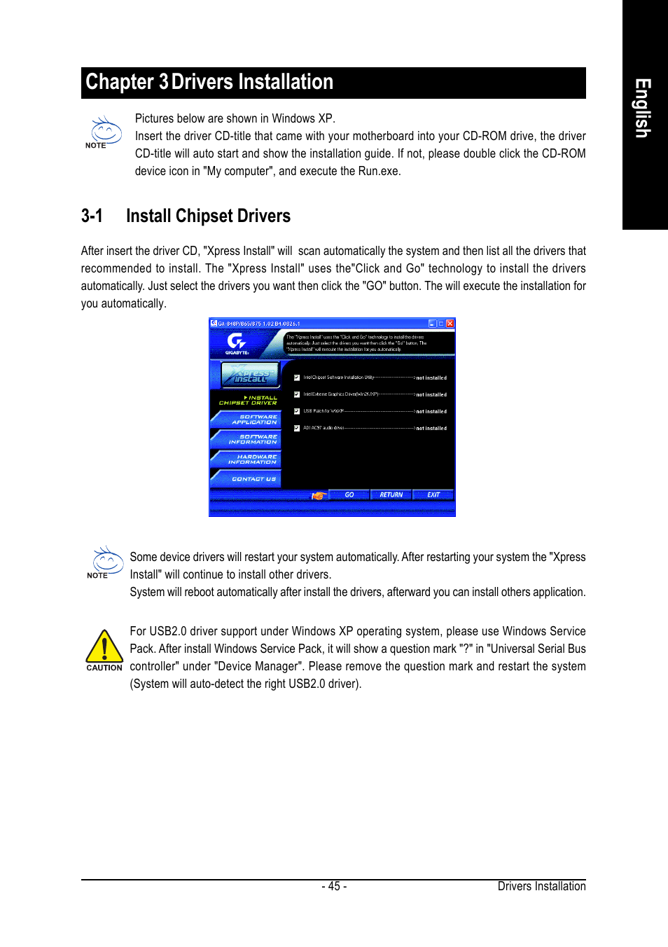 Chapter 3drivers installation, English, 1 install chipset drivers | Intel GA-8I865GVMK-775 User Manual | Page 45 / 72