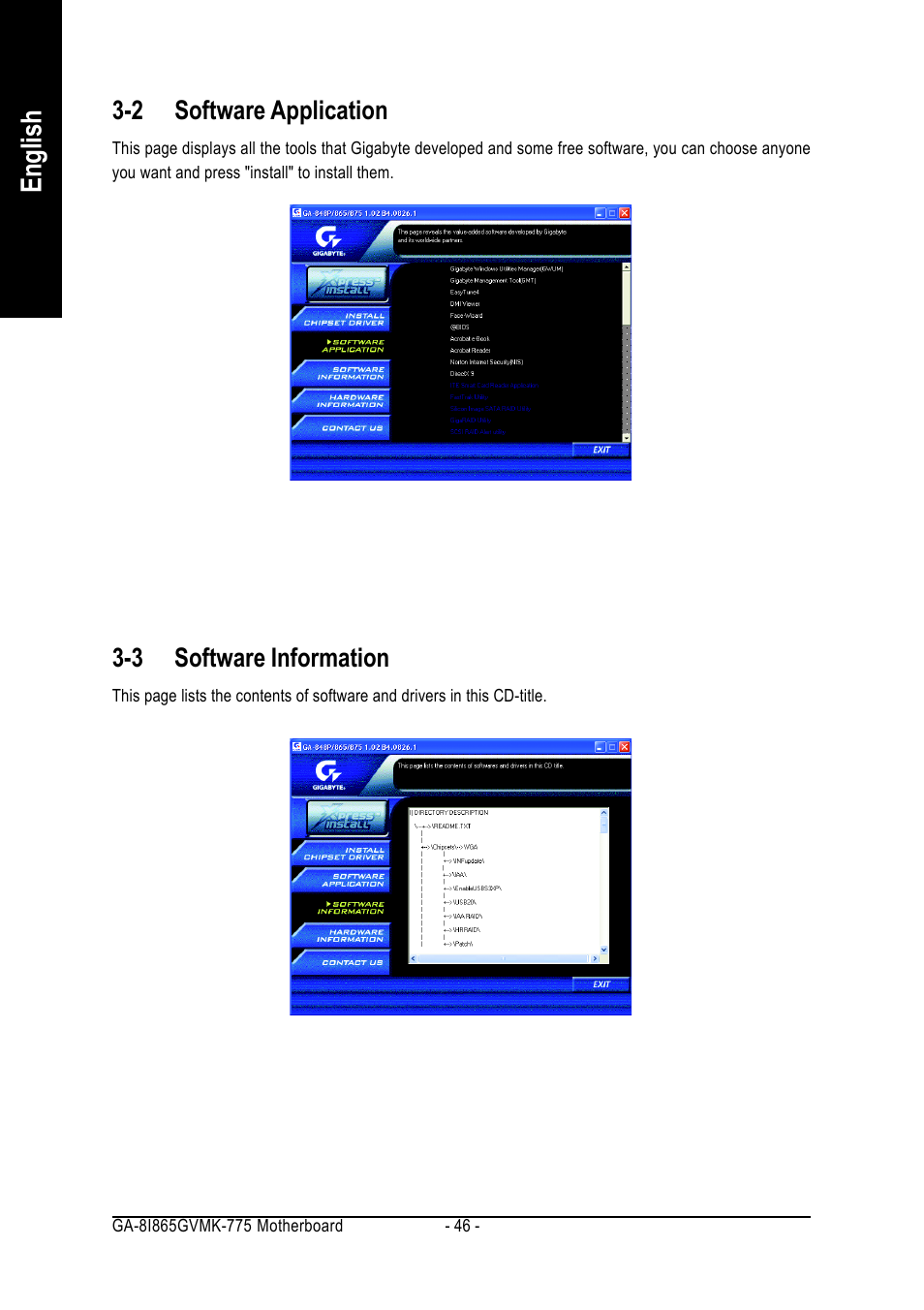 English, 2 software application, 3 software information | Intel GA-8I865GVMK-775 User Manual | Page 46 / 72