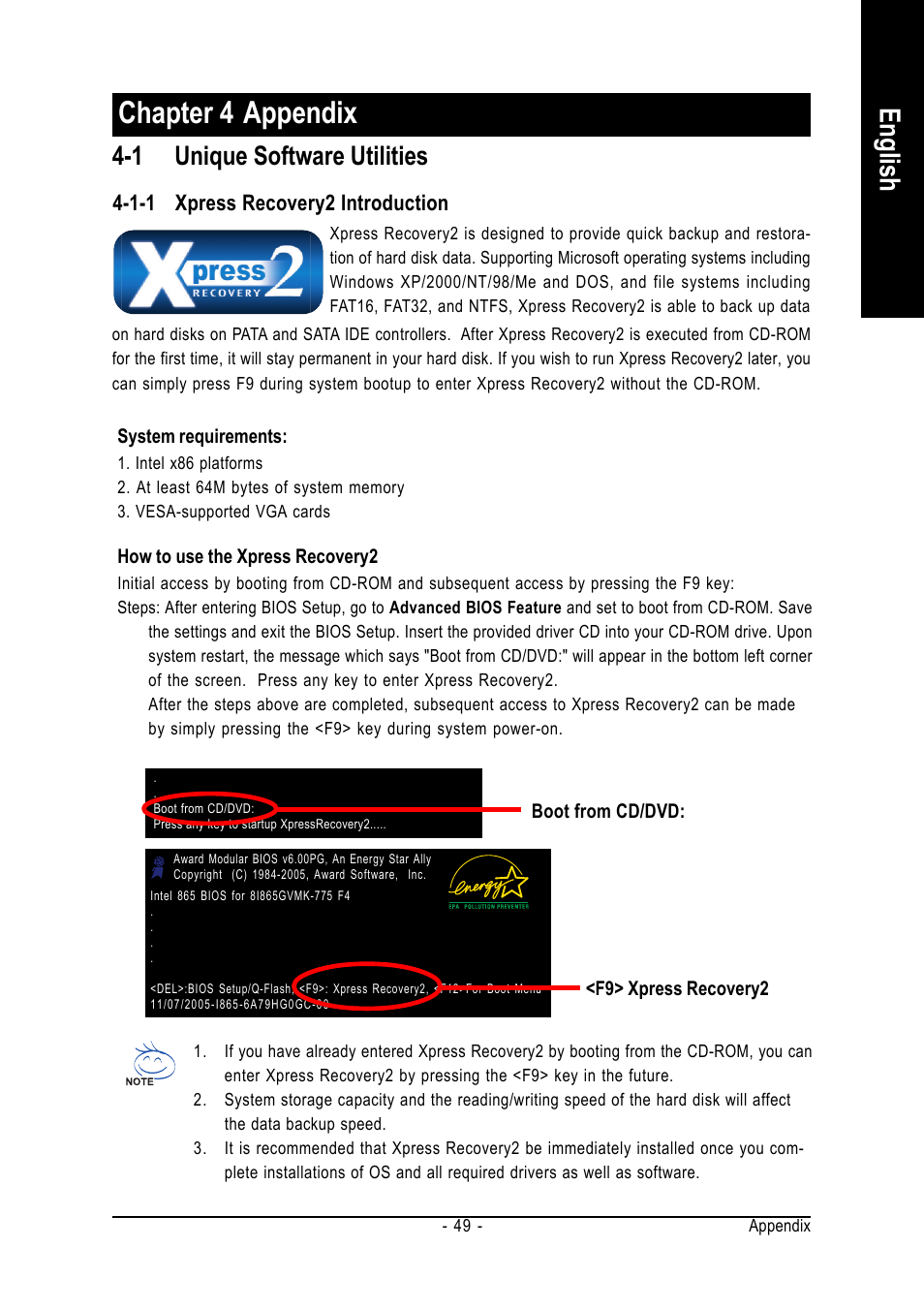Chapter 4 appendix, English, 1 unique software utilities | Intel GA-8I865GVMK-775 User Manual | Page 49 / 72