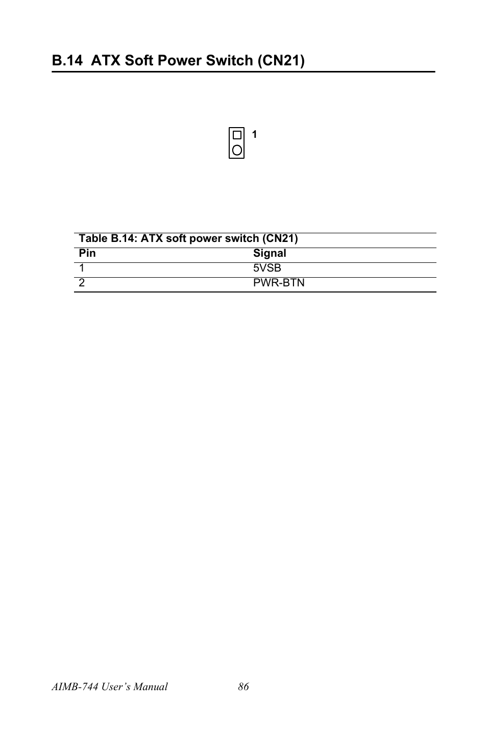 B.14 atx soft power switch (cn21), Table b.14: atx soft power switch (cn21) | Intel Socket 478 AIMB-744 User Manual | Page 100 / 108
