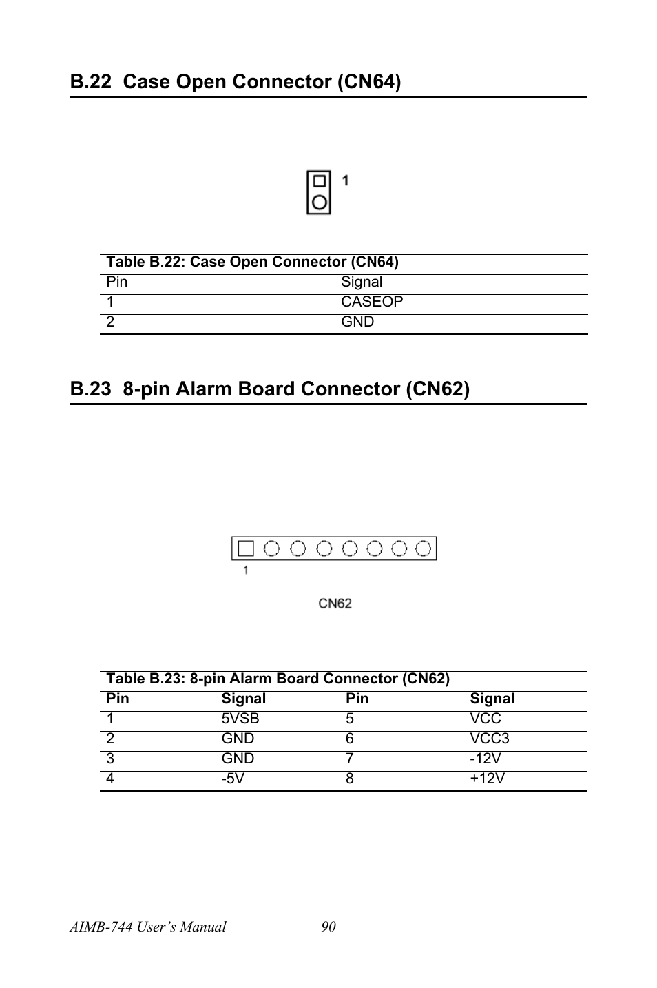 B.22 case open connector (cn64), Table b.22: case open connector (cn64), B.23 8-pin alarm board connector (cn62) | Table b.23: 8-pin alarm board connector (cn62) | Intel Socket 478 AIMB-744 User Manual | Page 104 / 108