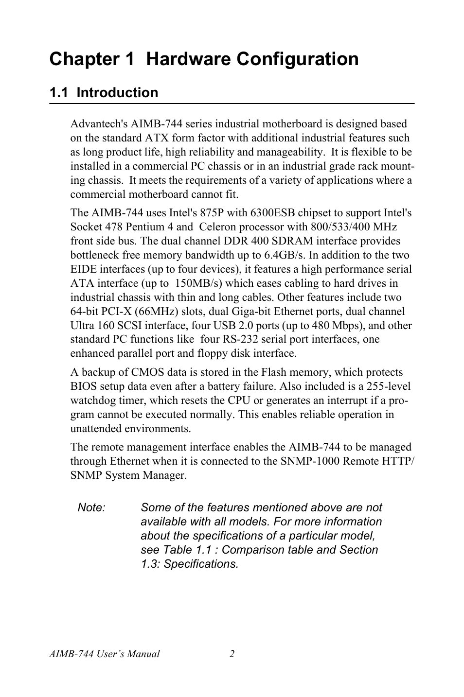 Chapter 1 hardware configuration, 1 introduction | Intel Socket 478 AIMB-744 User Manual | Page 16 / 108
