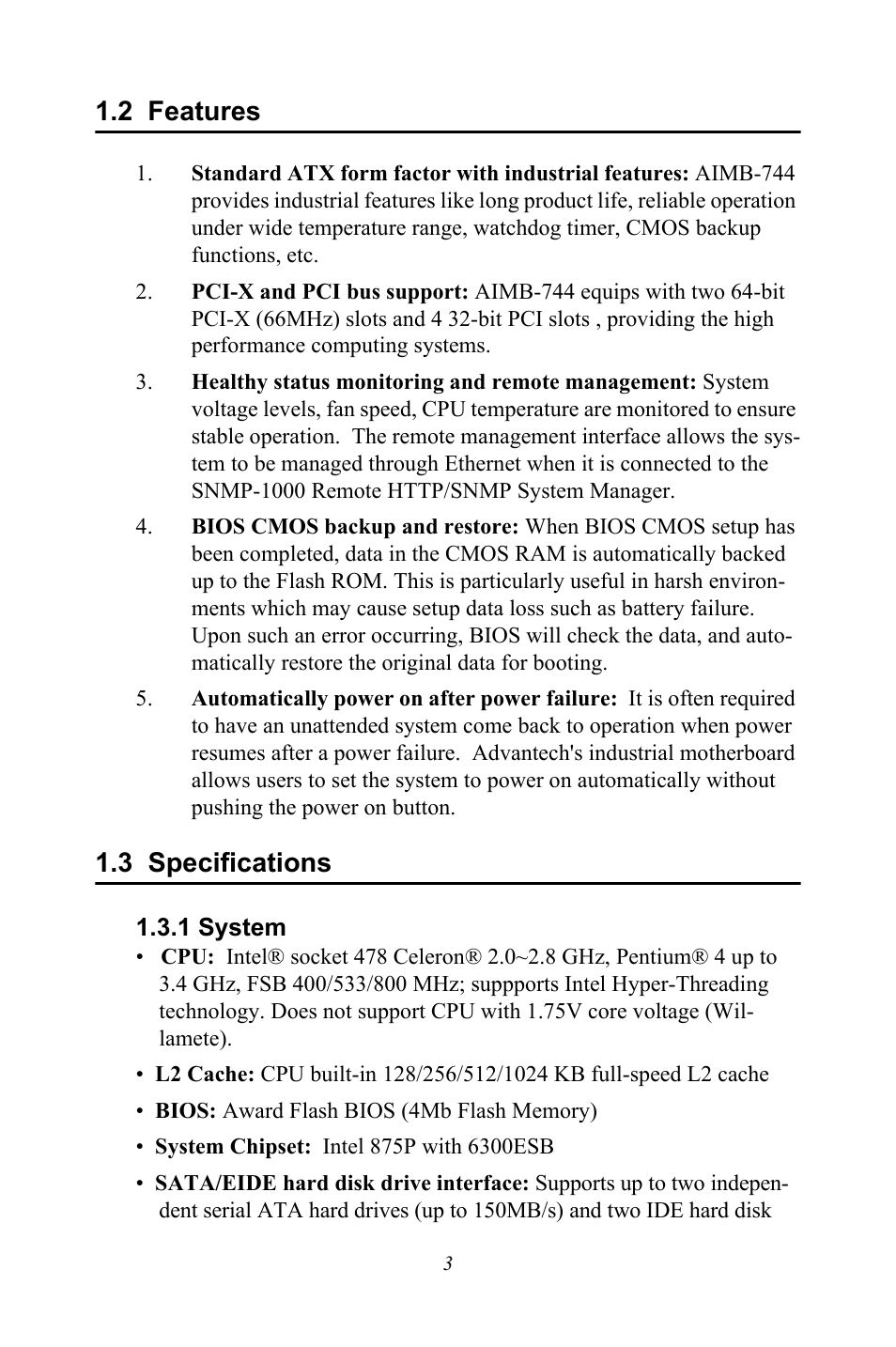 2 features, 3 specifications, 1 system | Intel Socket 478 AIMB-744 User Manual | Page 17 / 108