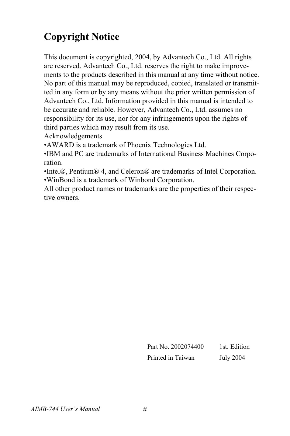 Copyright notice | Intel Socket 478 AIMB-744 User Manual | Page 2 / 108