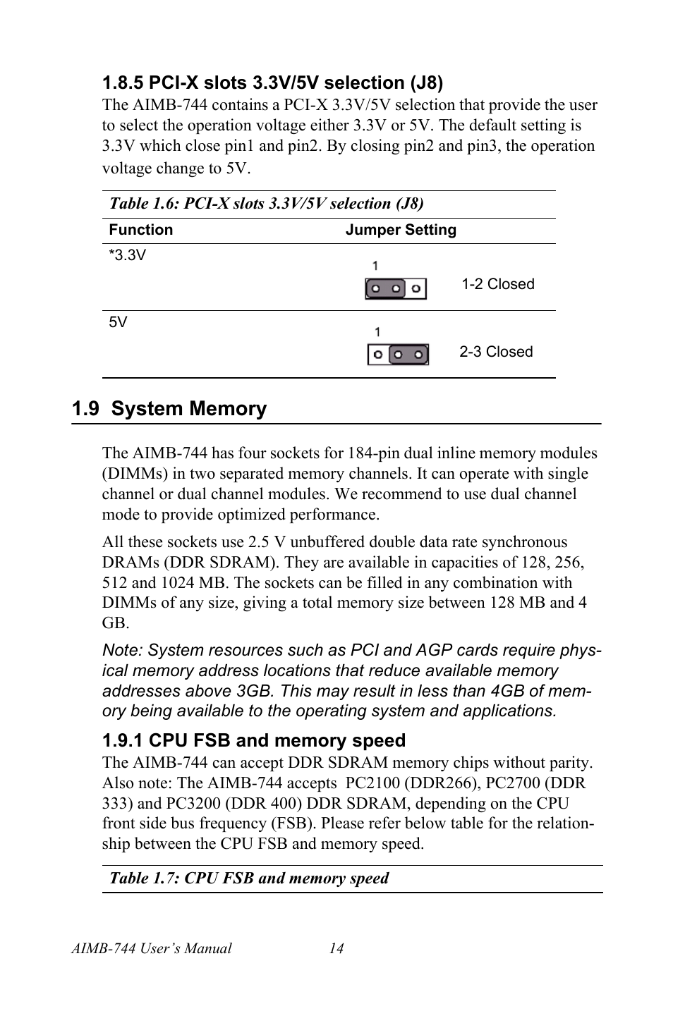 5 pci-x slots 3.3v/5v selection (j8), Table 1.6: pci-x slots 3.3v/5v selection (j8), 9 system memory | 1 cpu fsb and memory speed, Table 1.7: cpu fsb and memory speed | Intel Socket 478 AIMB-744 User Manual | Page 28 / 108