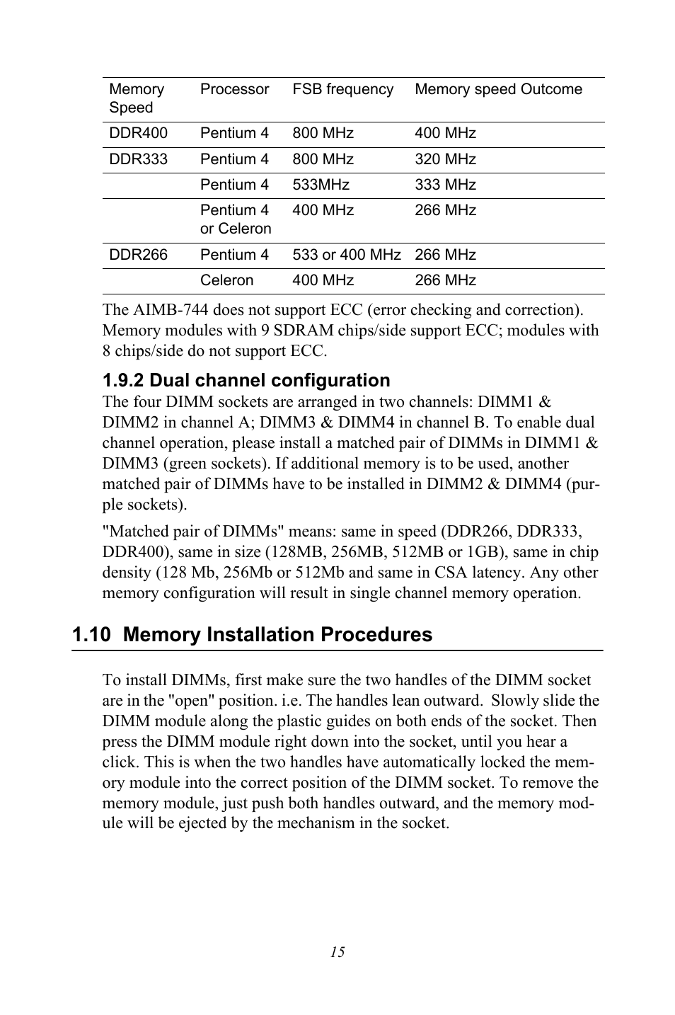2 dual channel configuration, 10 memory installation procedures | Intel Socket 478 AIMB-744 User Manual | Page 29 / 108