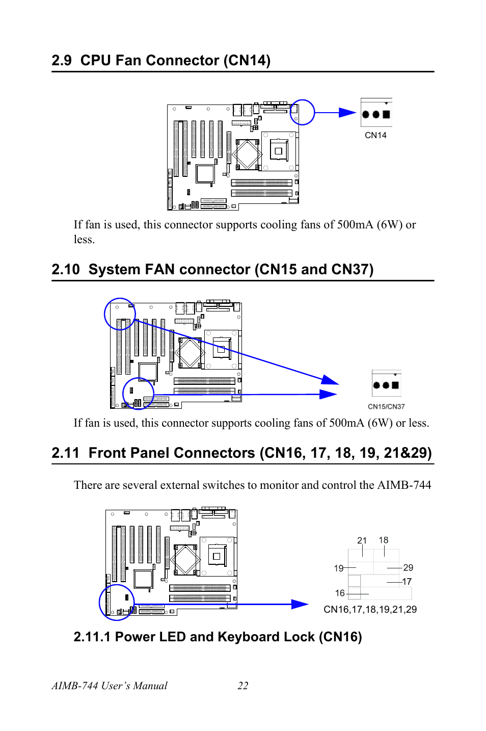 9 cpu fan connector (cn14), 10 system fan connector (cn15 and cn37), 1 power led and keyboard lock (cn16) | Intel Socket 478 AIMB-744 User Manual | Page 36 / 108