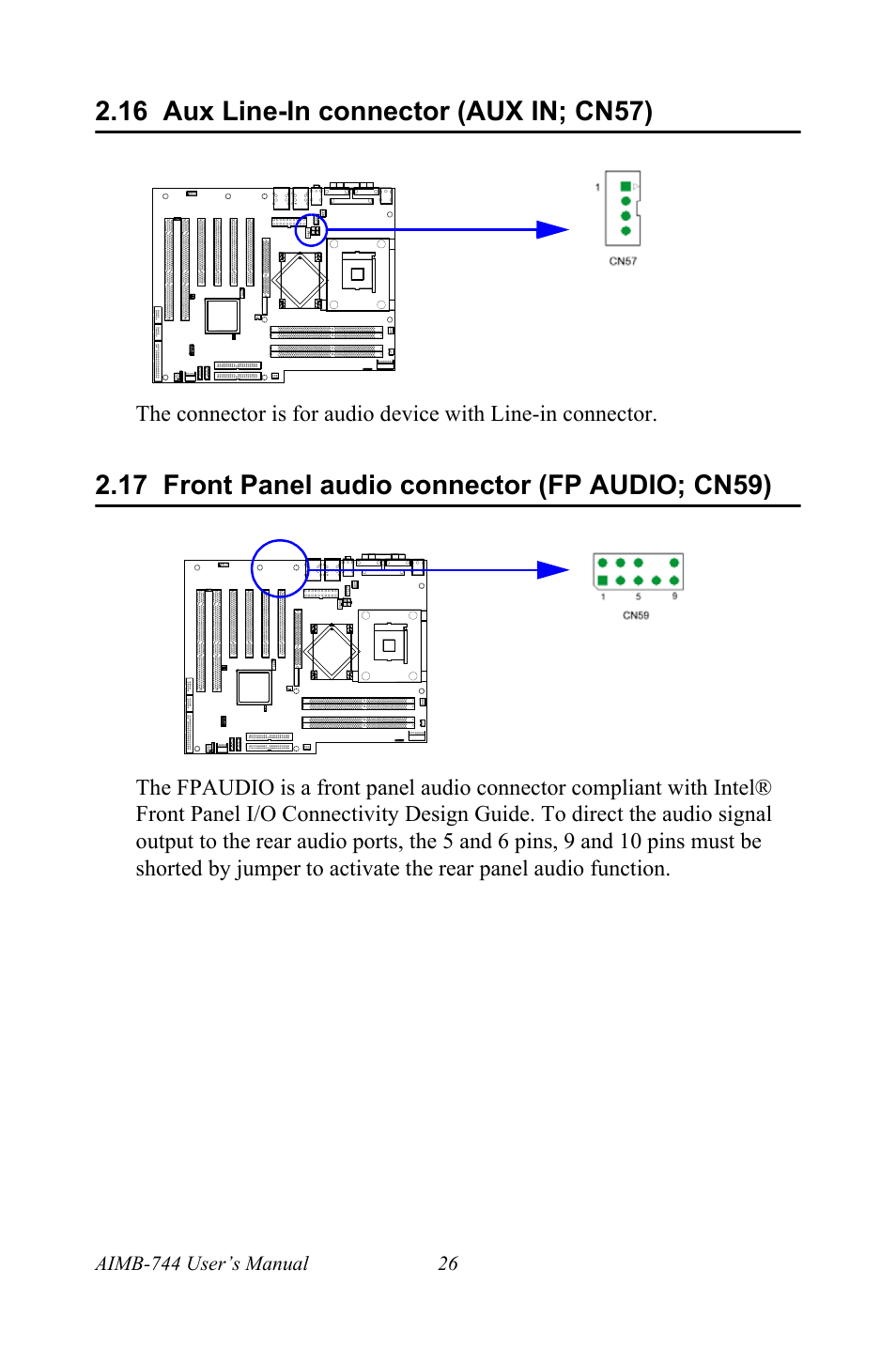 16 aux line-in connector (aux in; cn57), 17 front panel audio connector (fp audio; cn59) | Intel Socket 478 AIMB-744 User Manual | Page 40 / 108