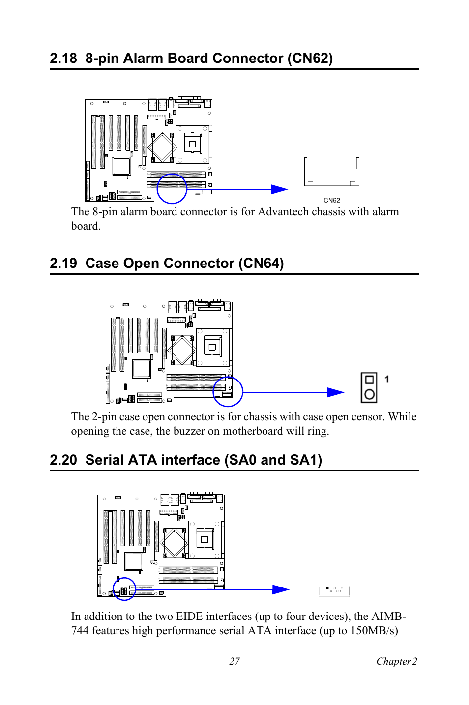 18 8-pin alarm board connector (cn62), 19 case open connector (cn64), 20 serial ata interface (sa0 and sa1) | Intel Socket 478 AIMB-744 User Manual | Page 41 / 108