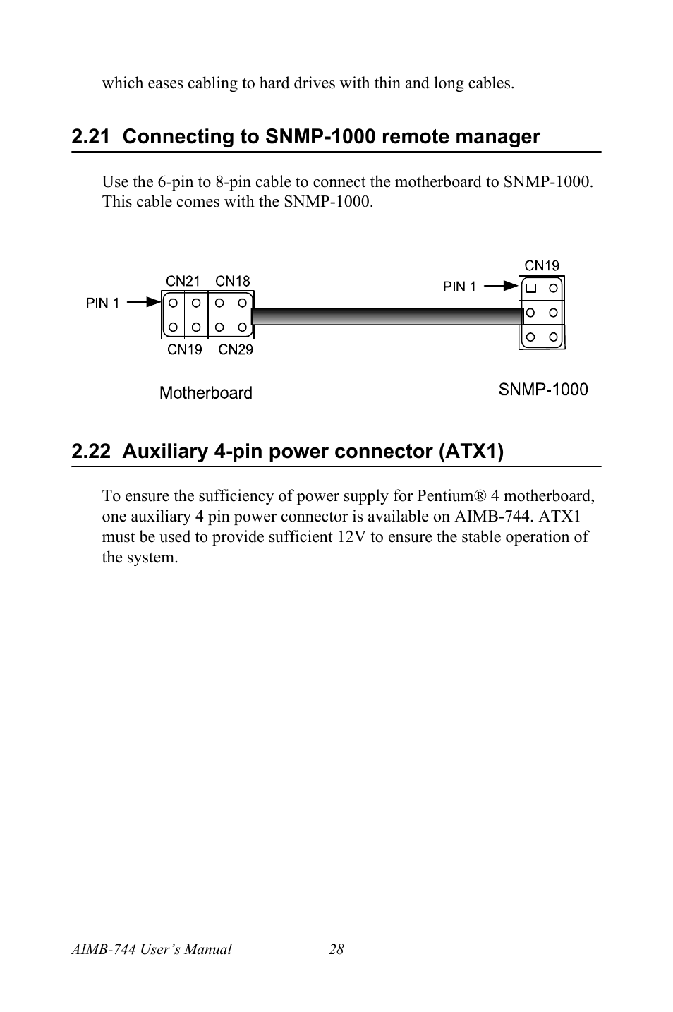 21 connecting to snmp-1000 remote manager, 22 auxiliary 4-pin power connector (atx1) | Intel Socket 478 AIMB-744 User Manual | Page 42 / 108