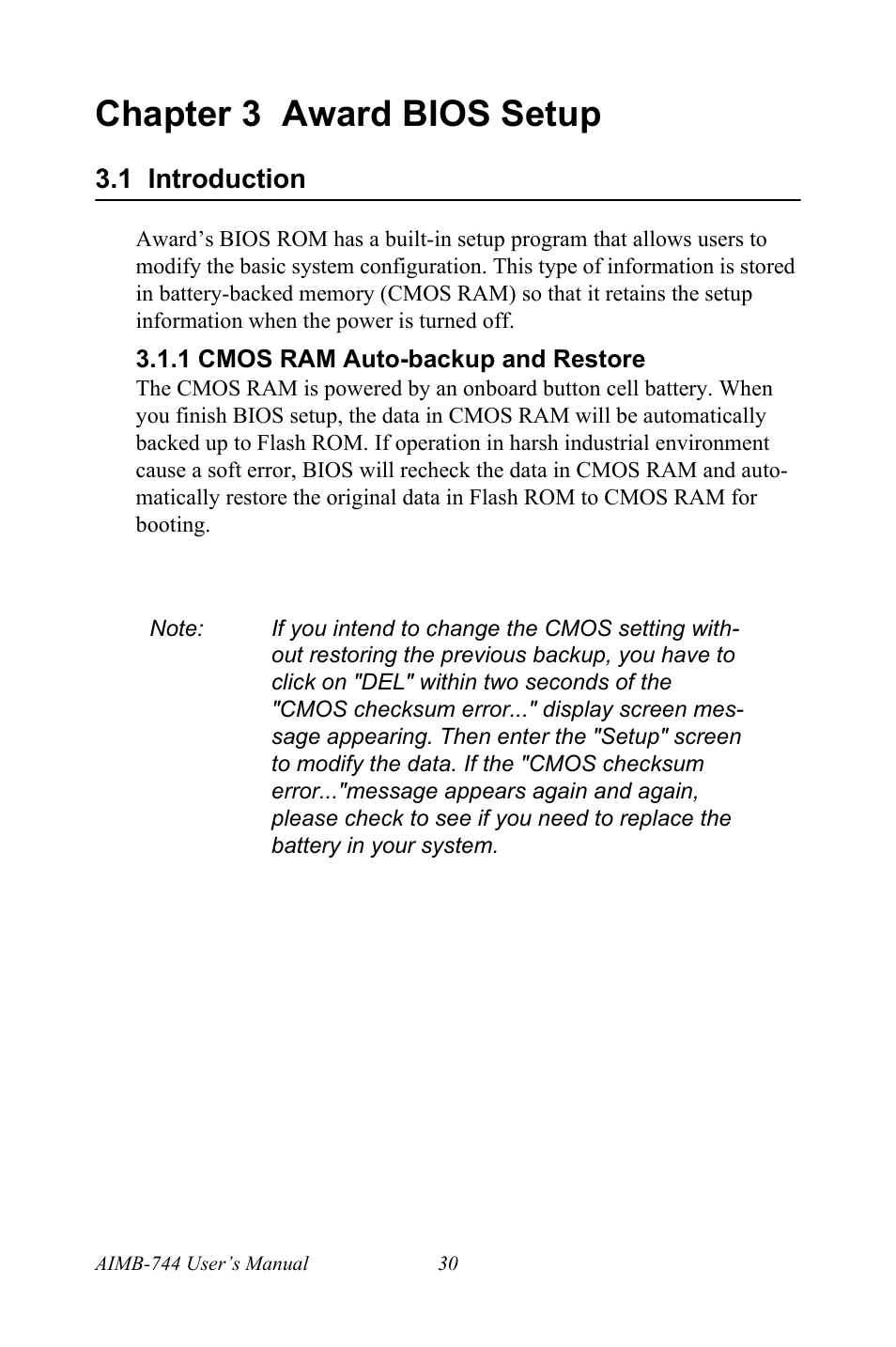 Chapter 3 award bios setup, 1 introduction, 1 cmos ram auto-backup and restore | Intel Socket 478 AIMB-744 User Manual | Page 44 / 108