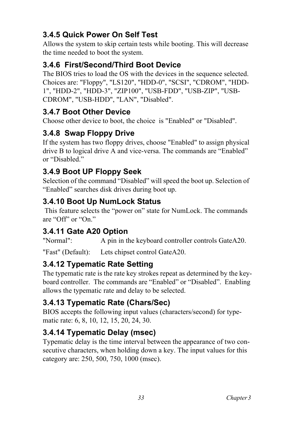 5 quick power on self test, 6 first/second/third boot device, 7 boot other device | 8 swap floppy drive, 9 boot up floppy seek, 10 boot up numlock status, 11 gate a20 option, 12 typematic rate setting, 13 typematic rate (chars/sec), 14 typematic delay (msec) | Intel Socket 478 AIMB-744 User Manual | Page 47 / 108