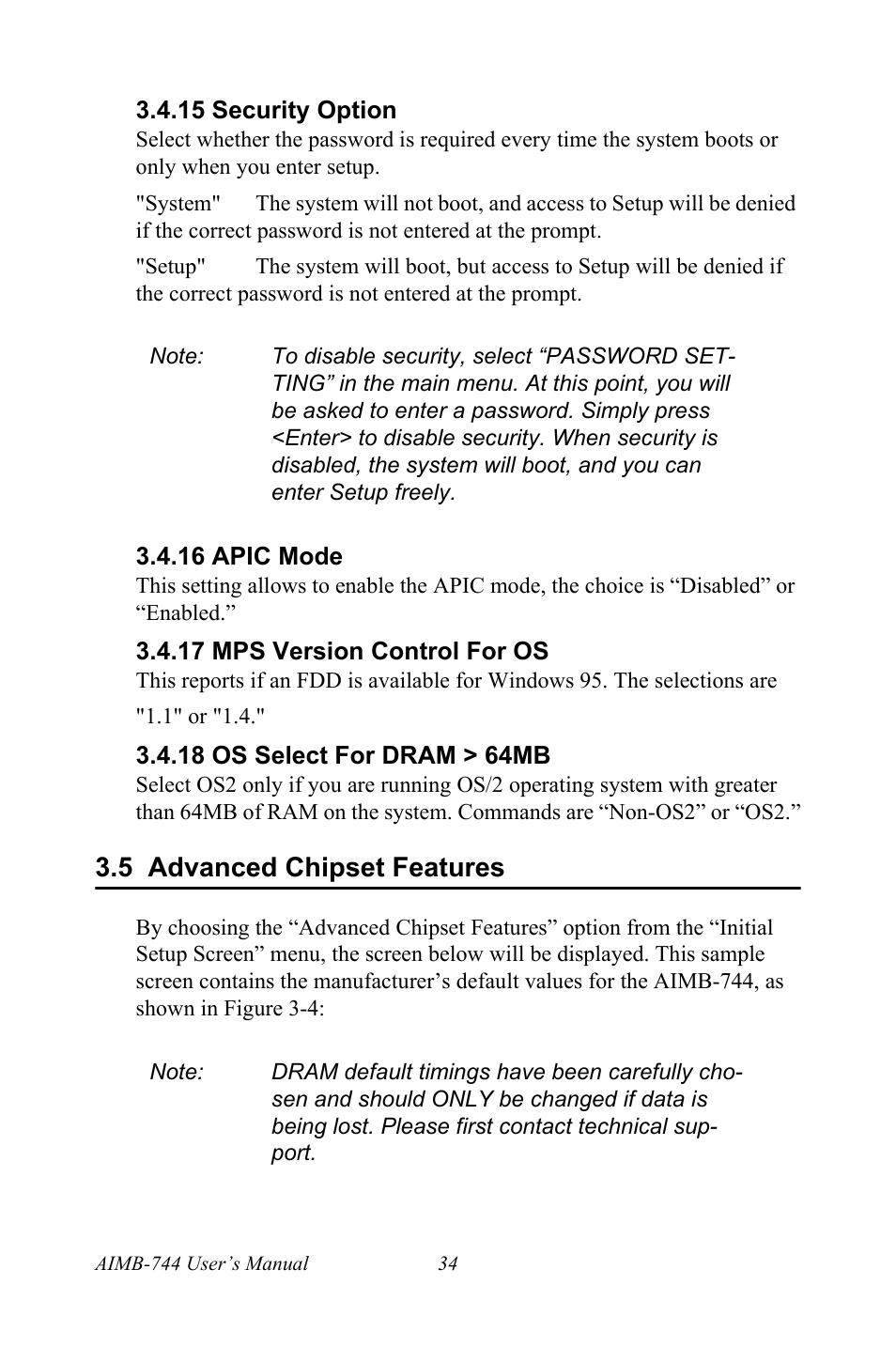 15 security option, 16 apic mode, 17 mps version control for os | 18 os select for dram > 64mb, 5 advanced chipset features | Intel Socket 478 AIMB-744 User Manual | Page 48 / 108