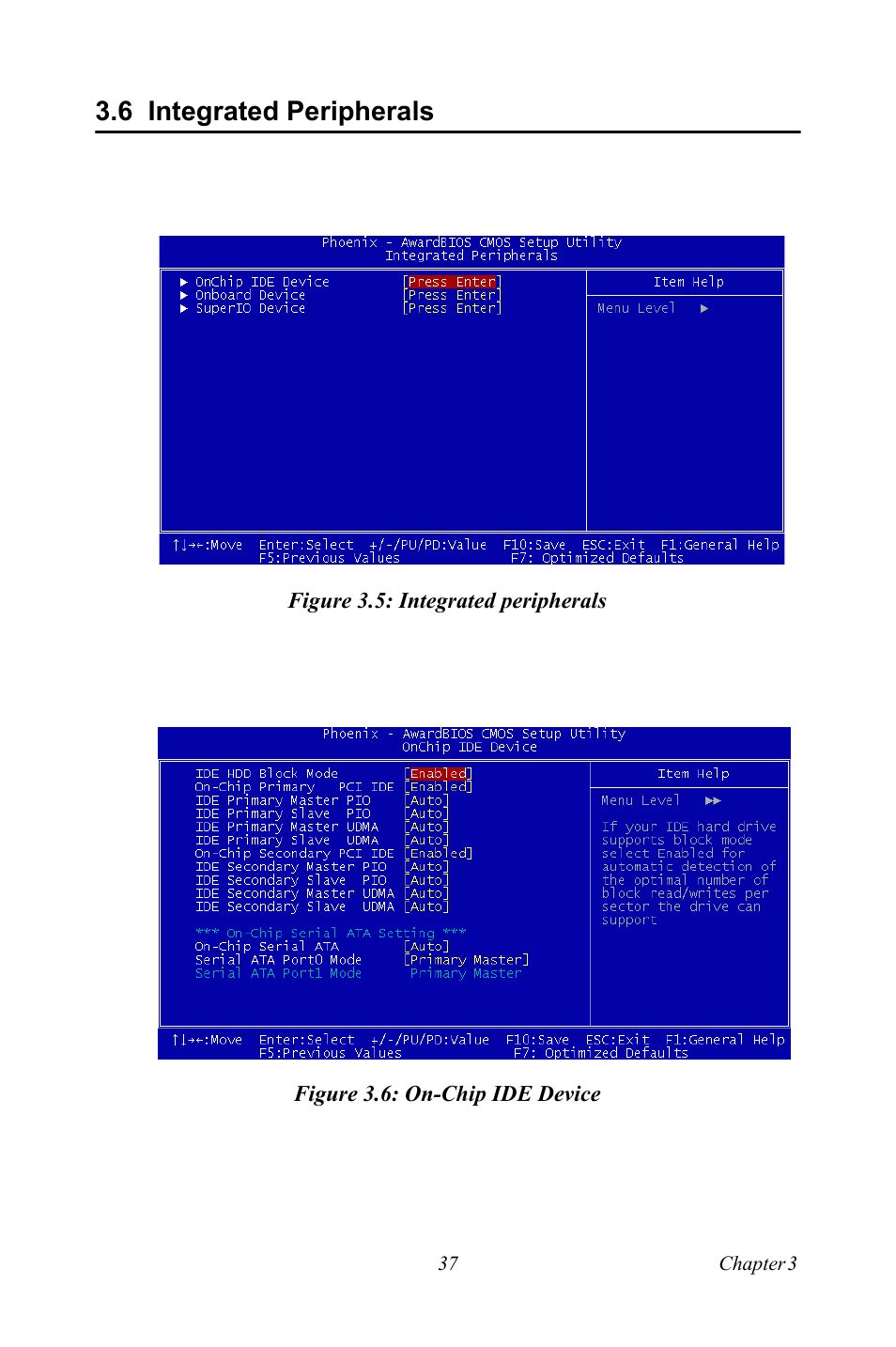 6 integrated peripherals, Figure 3.5: integrated peripherals, Figure 3.6: on-chip ide device | Intel Socket 478 AIMB-744 User Manual | Page 51 / 108