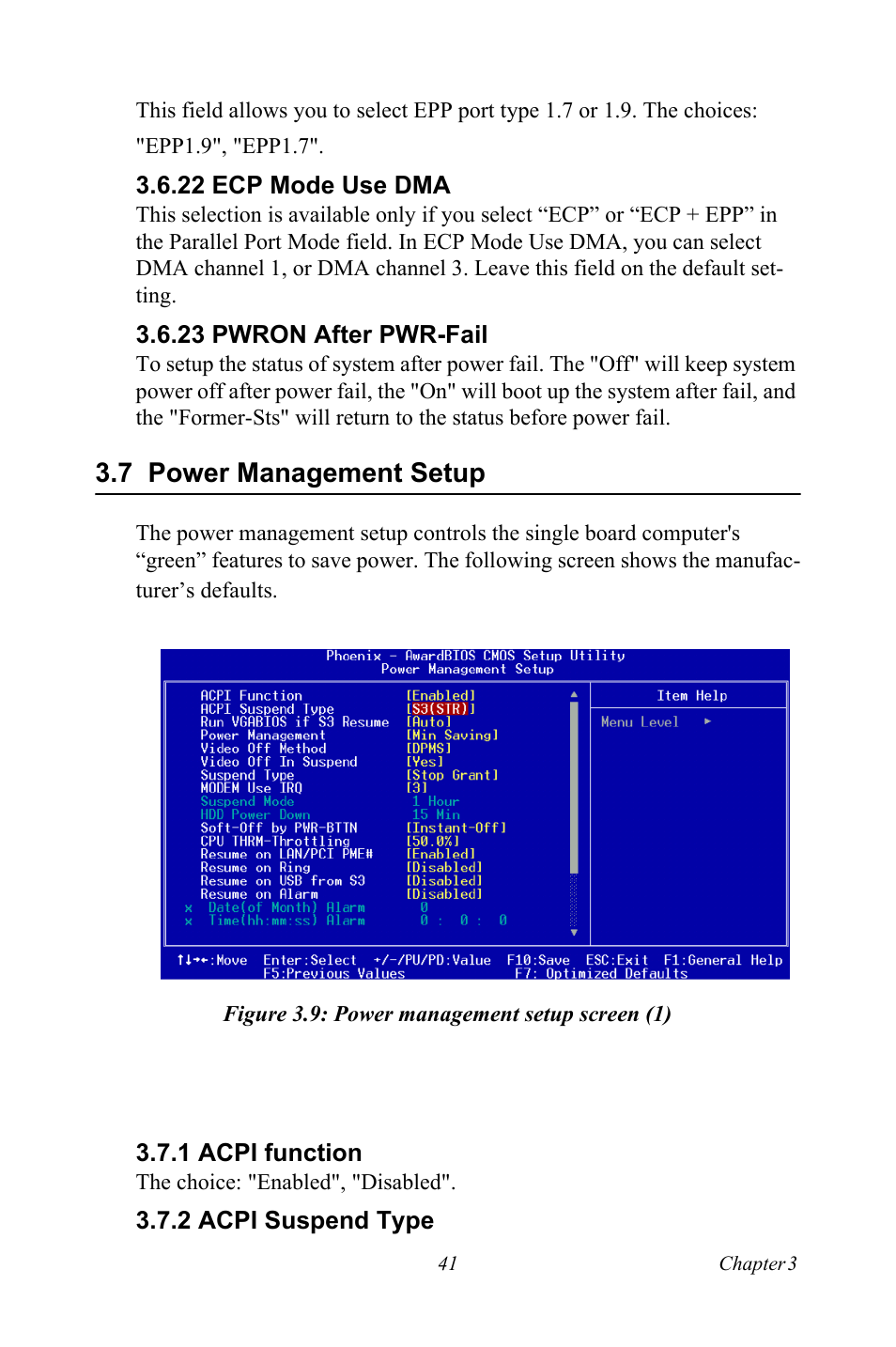 22 ecp mode use dma, 23 pwron after pwr-fail, 7 power management setup | Figure 3.9: power management setup screen (1), 1 acpi function, 2 acpi suspend type | Intel Socket 478 AIMB-744 User Manual | Page 55 / 108