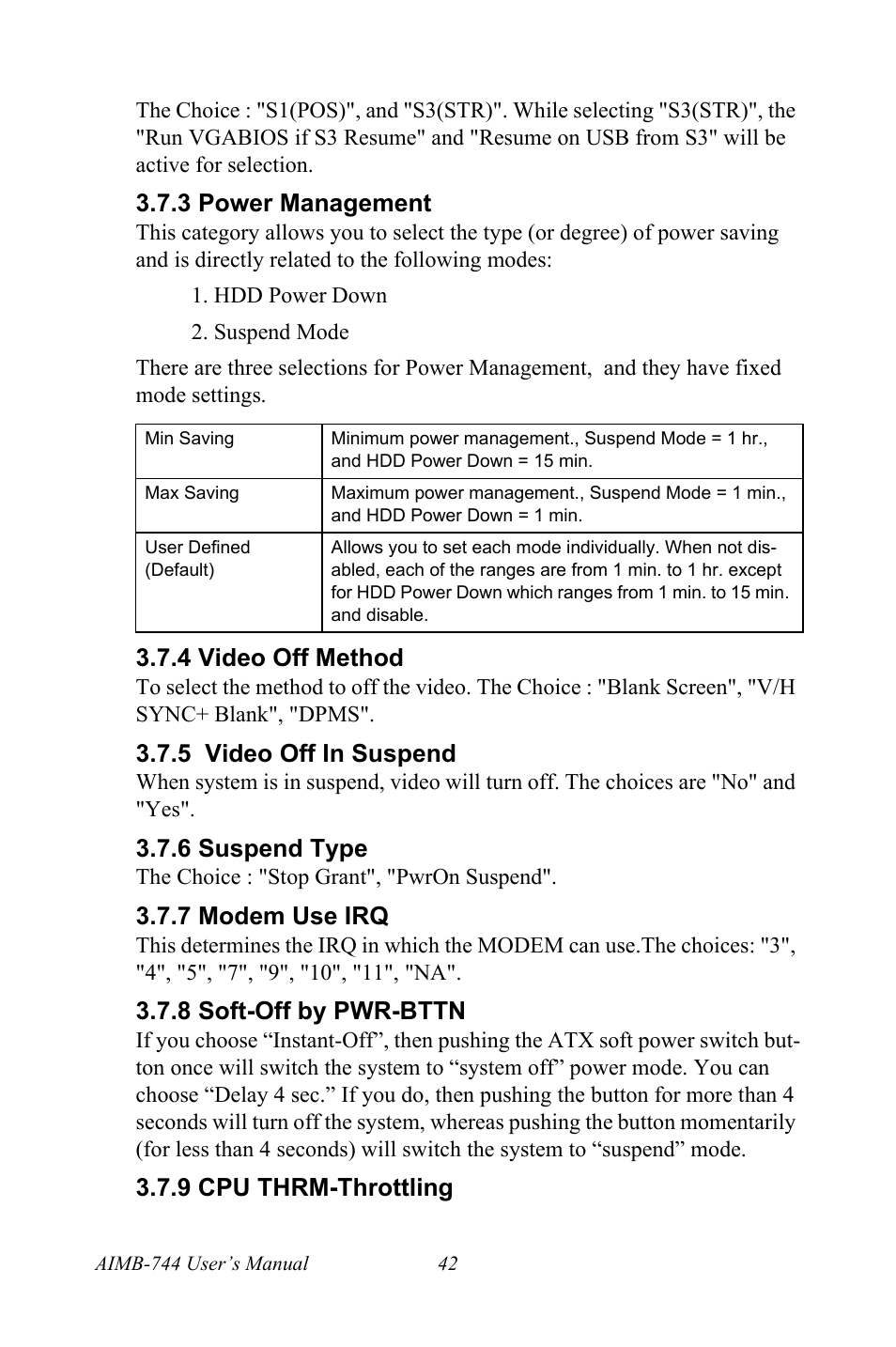 3 power management, 4 video off method, 5 video off in suspend | 6 suspend type, 7 modem use irq, 8 soft-off by pwr-bttn, 9 cpu thrm-throttling | Intel Socket 478 AIMB-744 User Manual | Page 56 / 108