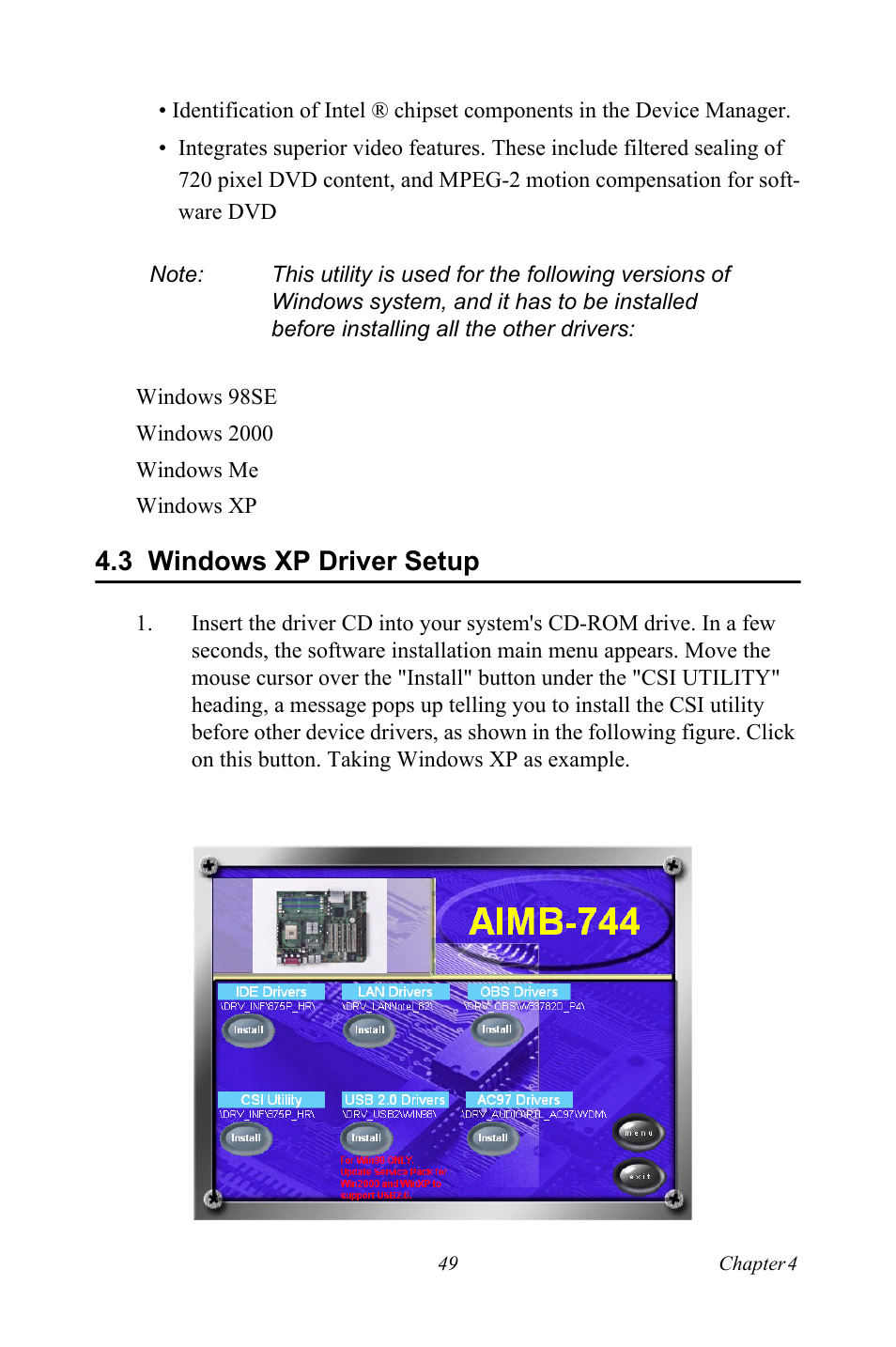 3 windows xp driver setup | Intel Socket 478 AIMB-744 User Manual | Page 63 / 108