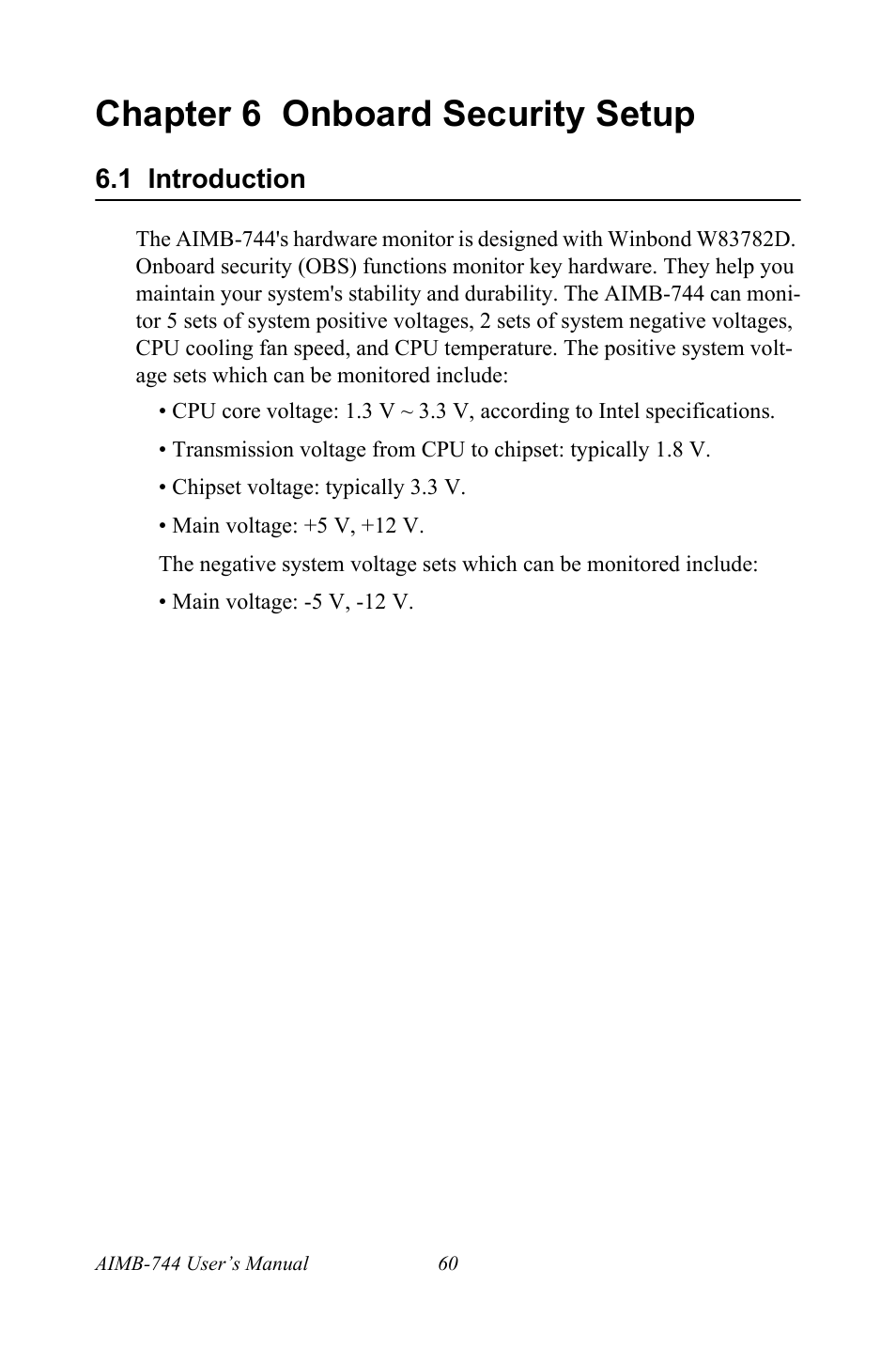 Chapter 6 onboard security setup, 1 introduction | Intel Socket 478 AIMB-744 User Manual | Page 74 / 108