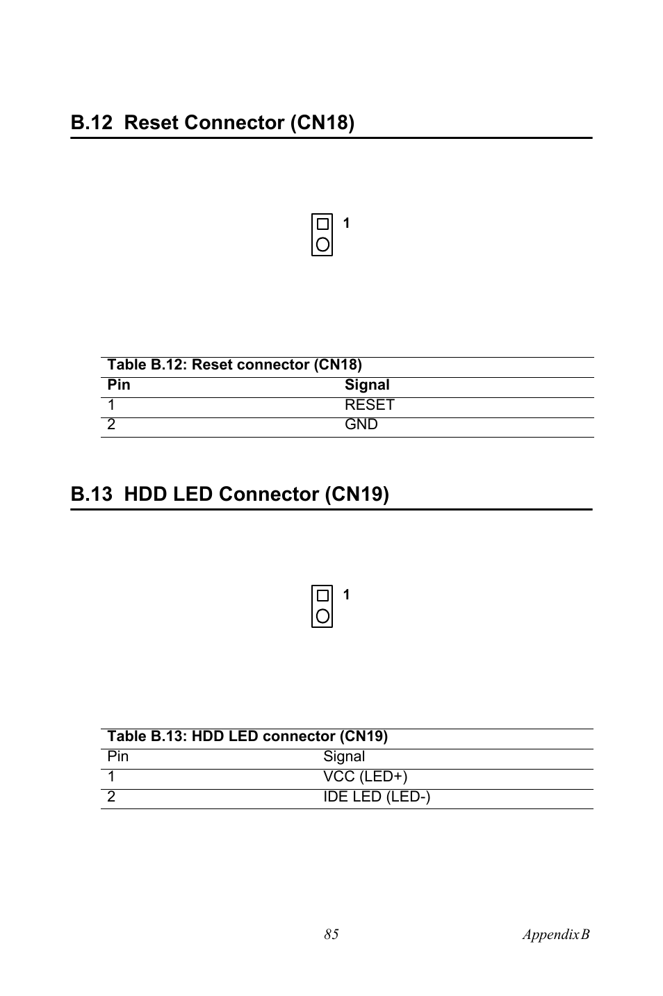 B.12 reset connector (cn18), Table b.12: reset connector (cn18), B.13 hdd led connector (cn19) | Table b.13: hdd led connector (cn19) | Intel Socket 478 AIMB-744 User Manual | Page 99 / 108