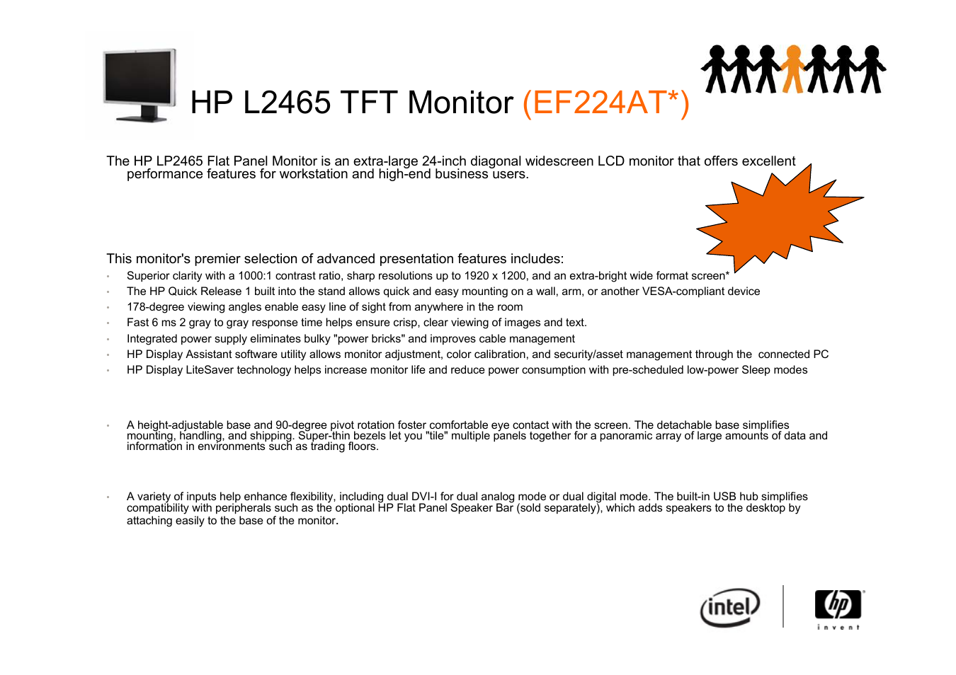 Hp l2465 tft monitor (ef224at*), Advanced features, Improved user comfort | Intel 2510P User Manual | Page 9 / 11