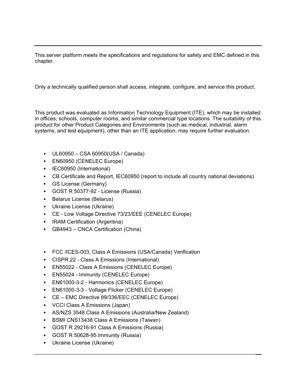 Regulatory specifications, 1 important safety information, 2 intended application uses | 3 product safety | Intel SR6850HW4 User Manual | Page 111 / 119