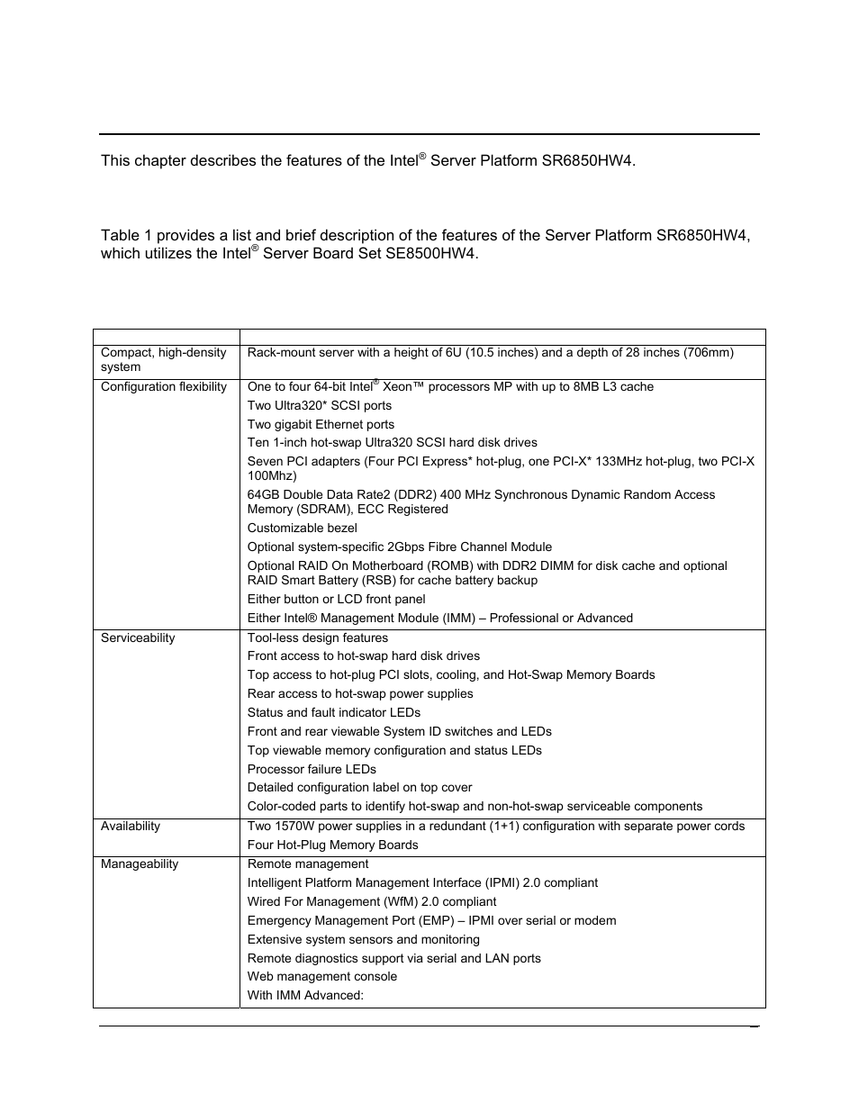 System overview, 1 system feature overview | Intel SR6850HW4 User Manual | Page 15 / 119