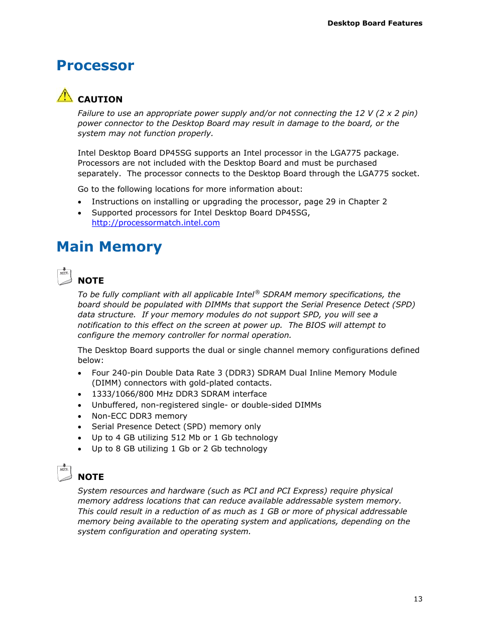 Processor, Main memory | Intel DP45SG User Manual | Page 13 / 86