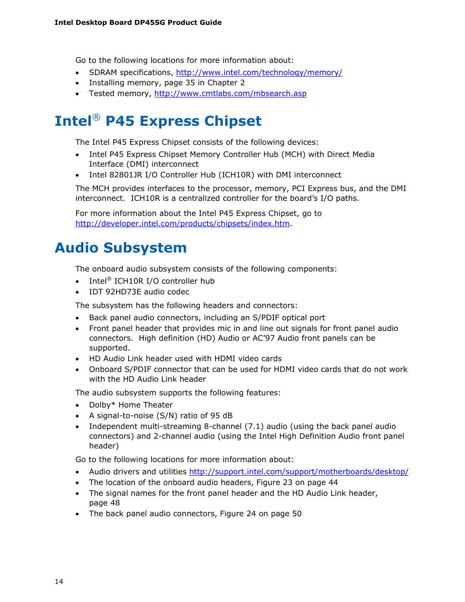 Intel® p45 express chipset, Audio subsystem, Intel | P45 express chipset | Intel DP45SG User Manual | Page 14 / 86