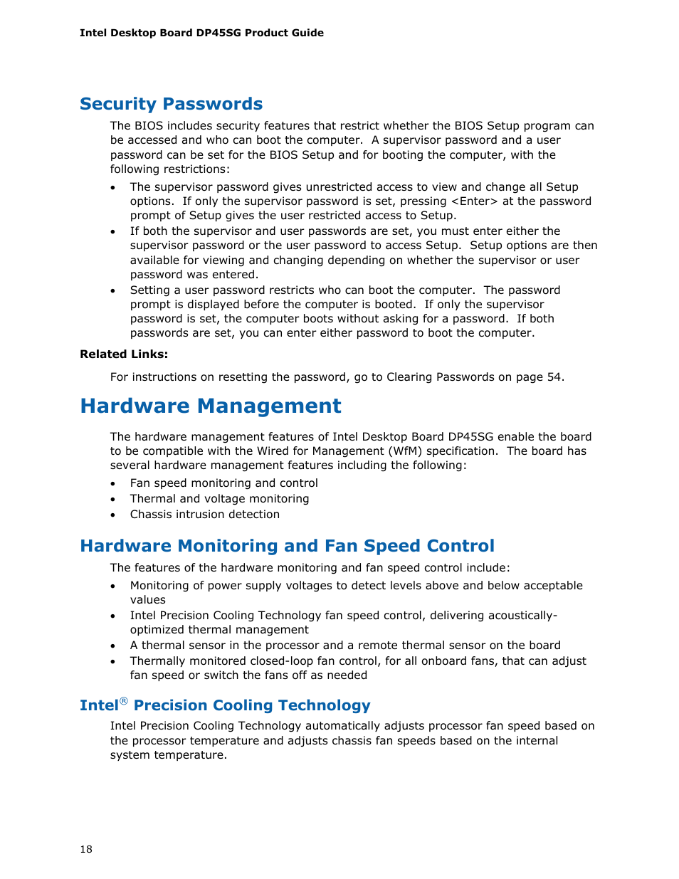 Security passwords, Hardware management, Hardware monitoring and fan speed control | Intel, Precision cooling technology | Intel DP45SG User Manual | Page 18 / 86