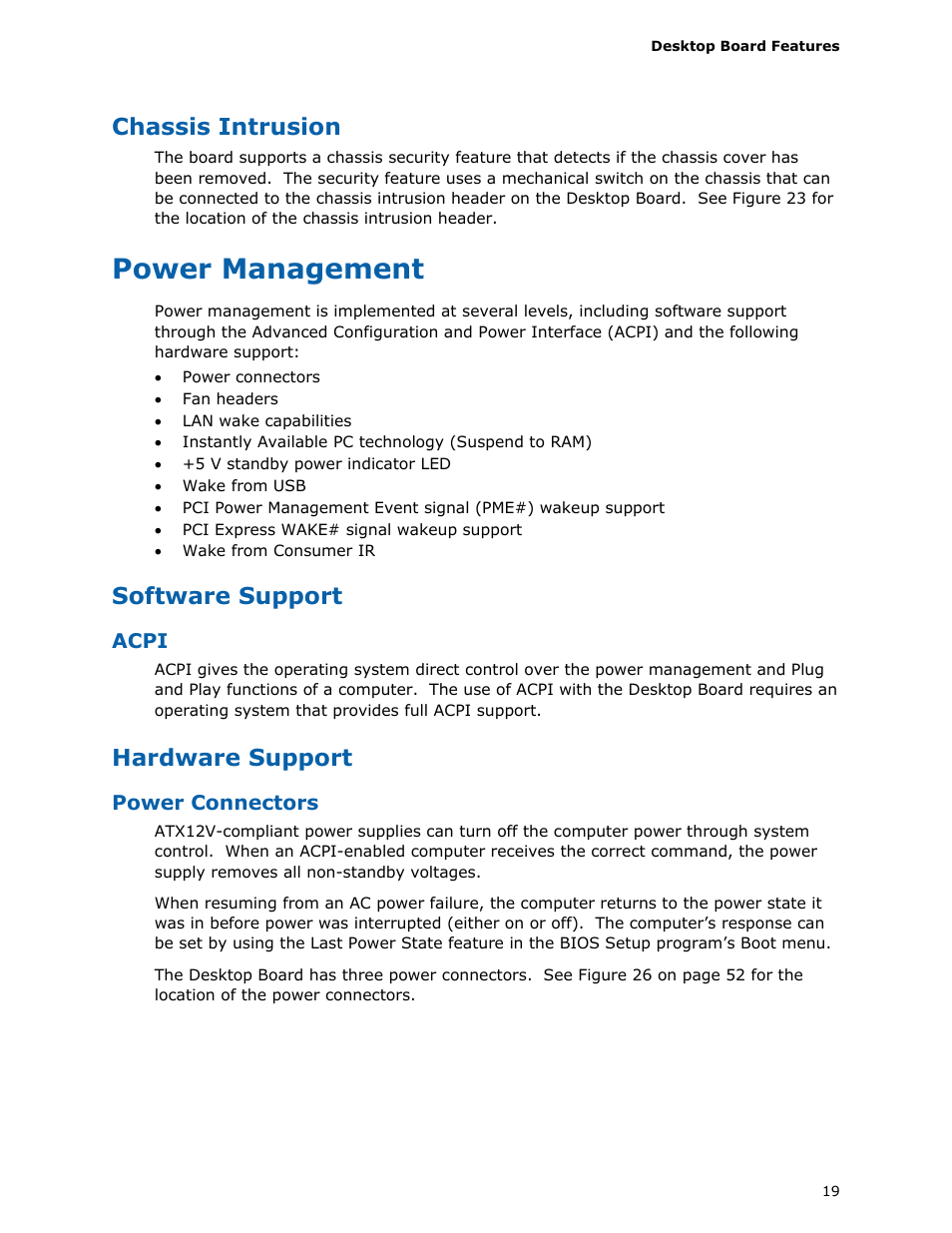 Chassis intrusion, Power management, Software support | Hardware support | Intel DP45SG User Manual | Page 19 / 86