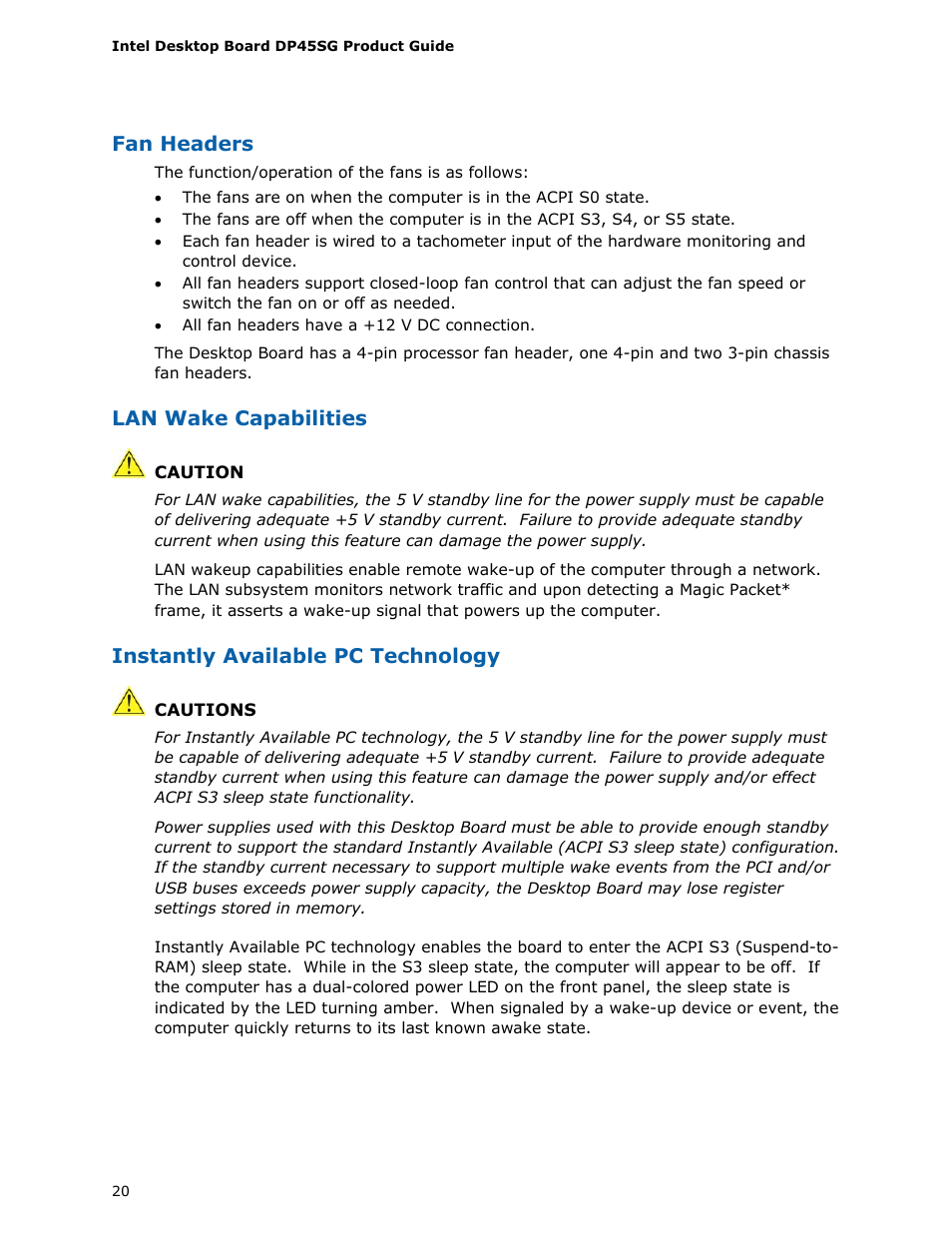 Fan headers, Lan wake capabilities, Instantly available pc technology | Intel DP45SG User Manual | Page 20 / 86