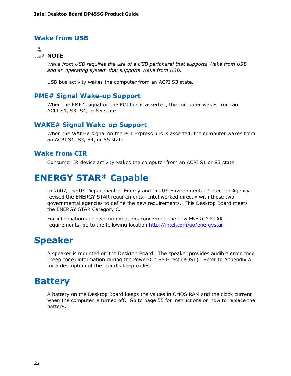 Energy star* capable, Speaker, Battery | Intel DP45SG User Manual | Page 22 / 86