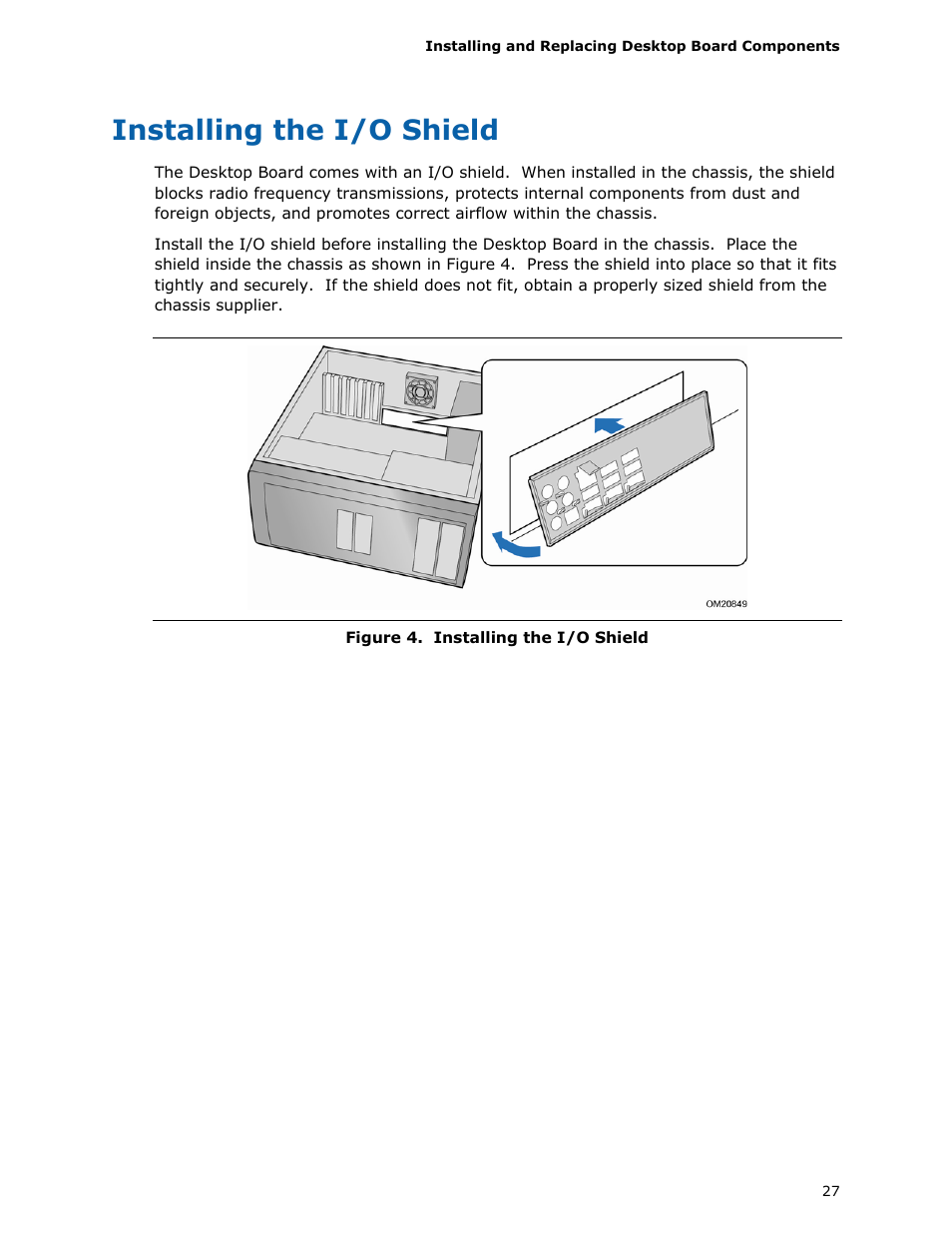 Installing the i/o shield | Intel DP45SG User Manual | Page 27 / 86