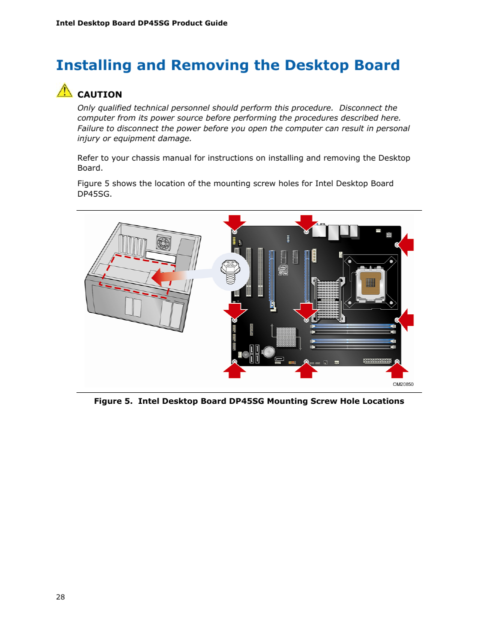 Installing and removing the desktop board | Intel DP45SG User Manual | Page 28 / 86