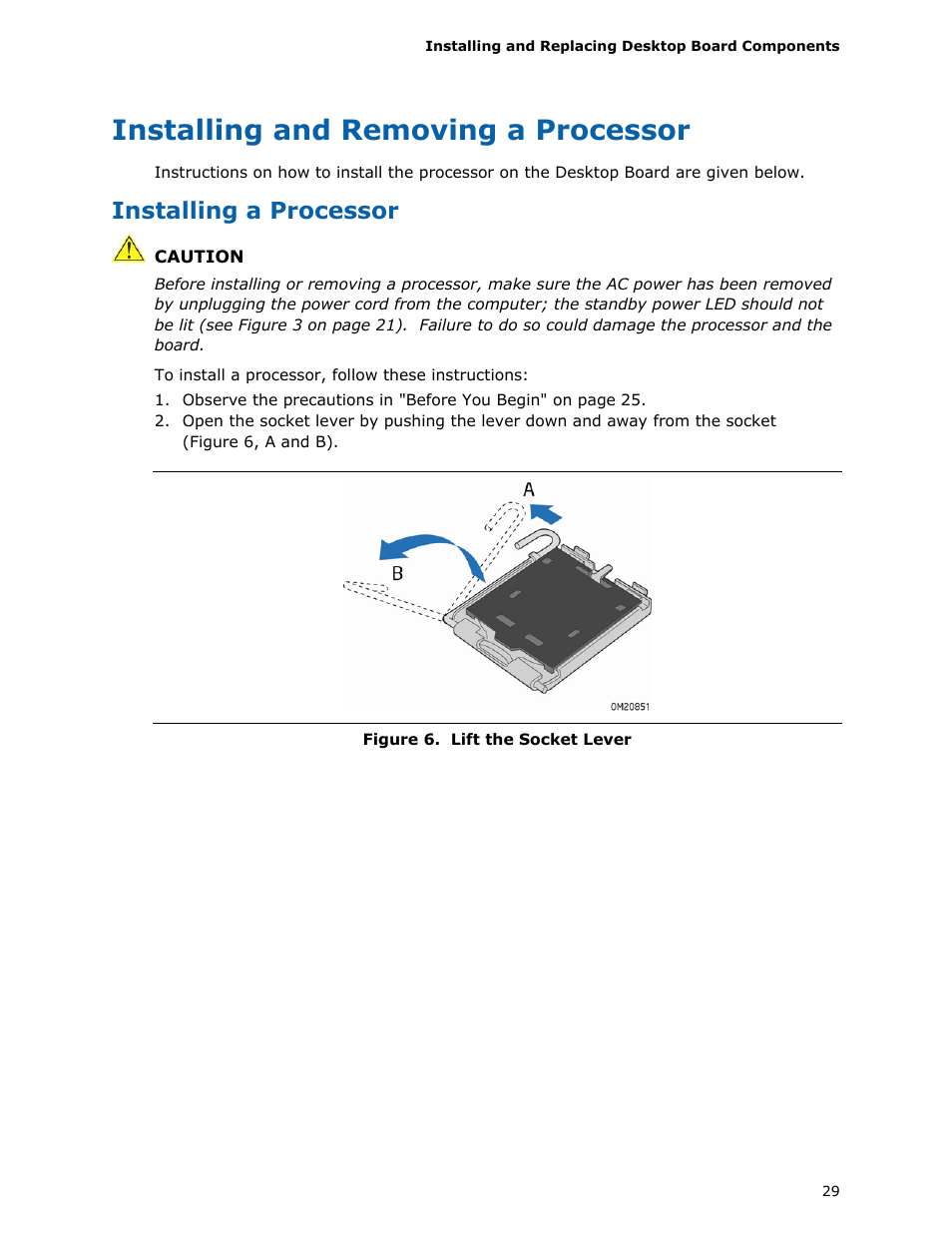 Installing and removing a processor, Installing a processor | Intel DP45SG User Manual | Page 29 / 86