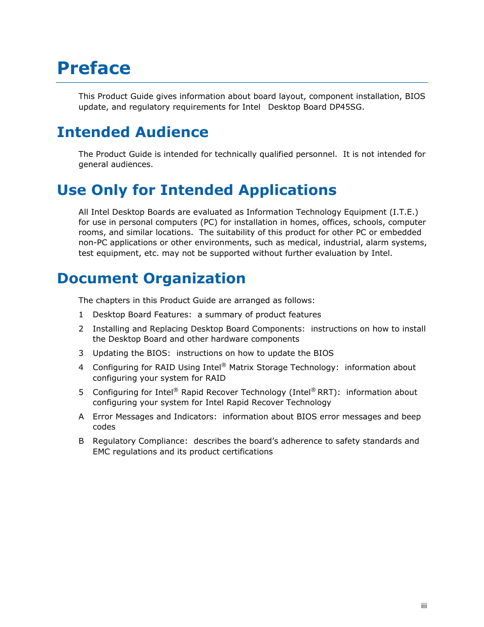 Preface, Intended audience, Use only for intended applications | Document organization | Intel DP45SG User Manual | Page 3 / 86